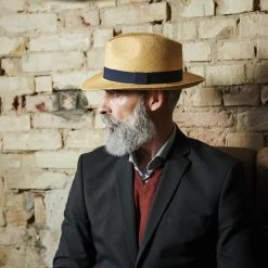 Fawler Chapeau Panama Moda Couleur Havane Clair Avec Gallon Bleu Marine Piero -Chapeau Fawler en ligne 18004 2